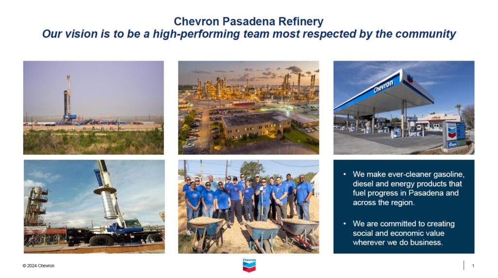 Image shows several pictures of Chevron Pasadena Refinery.